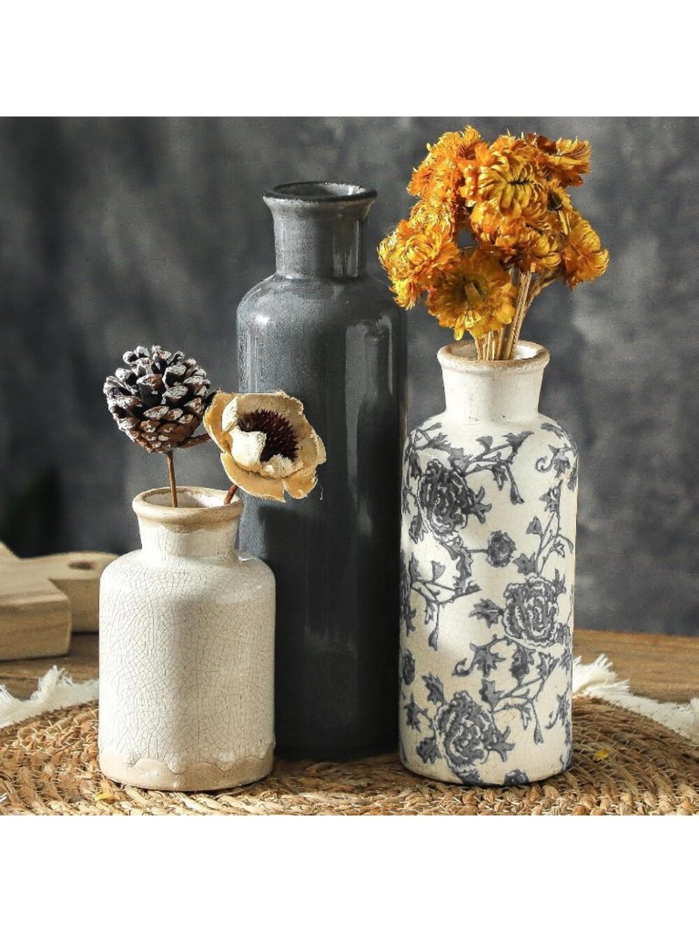 Ceramic Vintage Retro Floral Vase Set of 3 Kitchen Living Room Farmhouse Decor